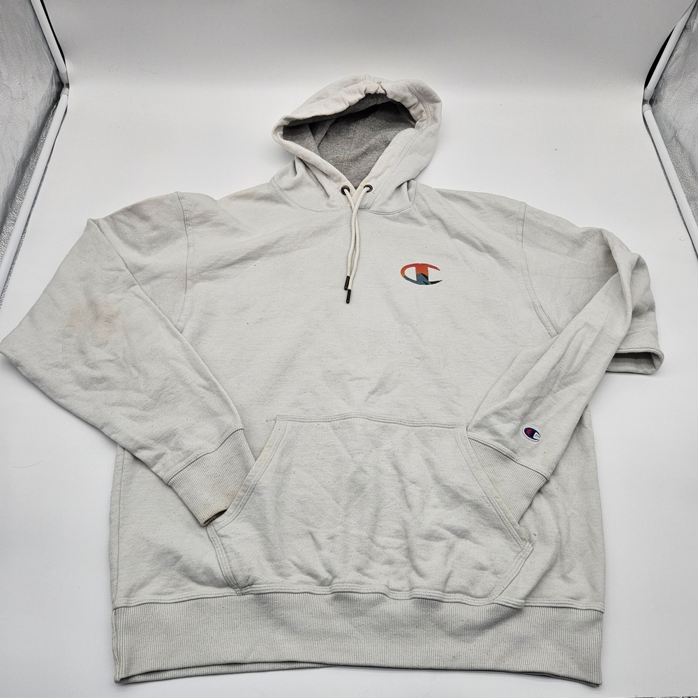 Champion Hoodie Sweatshirt Cream White Graphic Logo Pullover Hooded Top‎ 2XL